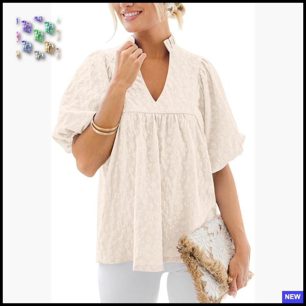 Jacquard Babydoll Blouse Ruffle V-Neck Puff Sleeve Peplum Top Casual Chic